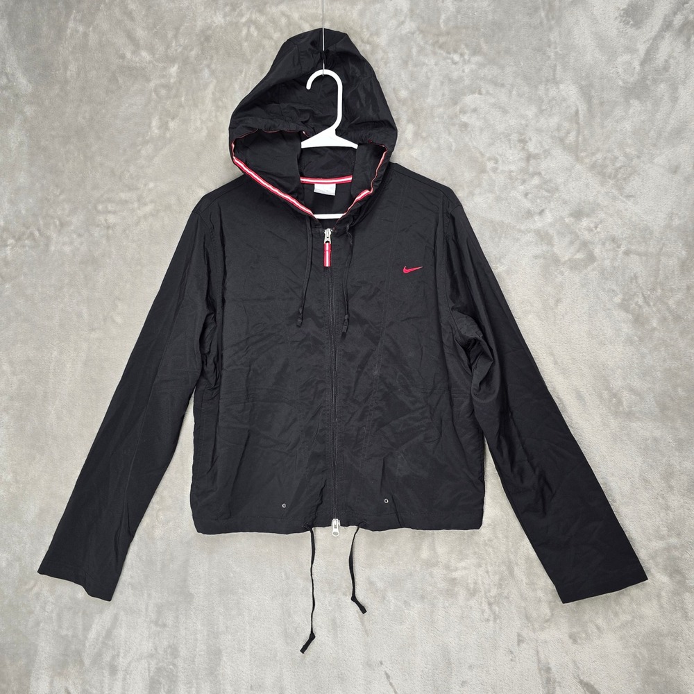 Nike Women Medium Black Red Full Zip Hood Lightweight Jacket Athletic Sportswear